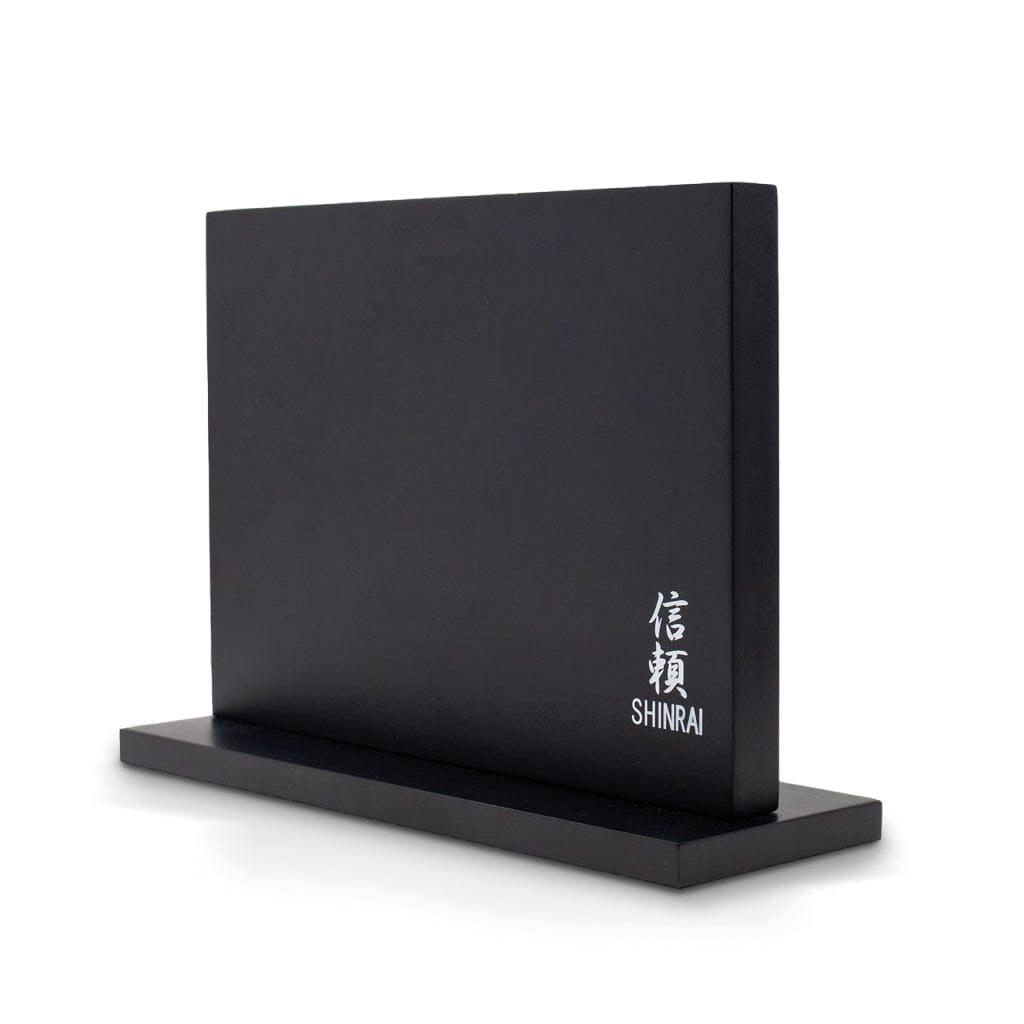 Shinrai Knives – Hammered Damask BR 5-teiliges Messerset + magnetischer Messerblock doppelseitig – Schwarz