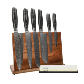 Shinrai Knives - Damast-Pakkaholz-Messerset 6-teilig + Messerblock + Schleifstein