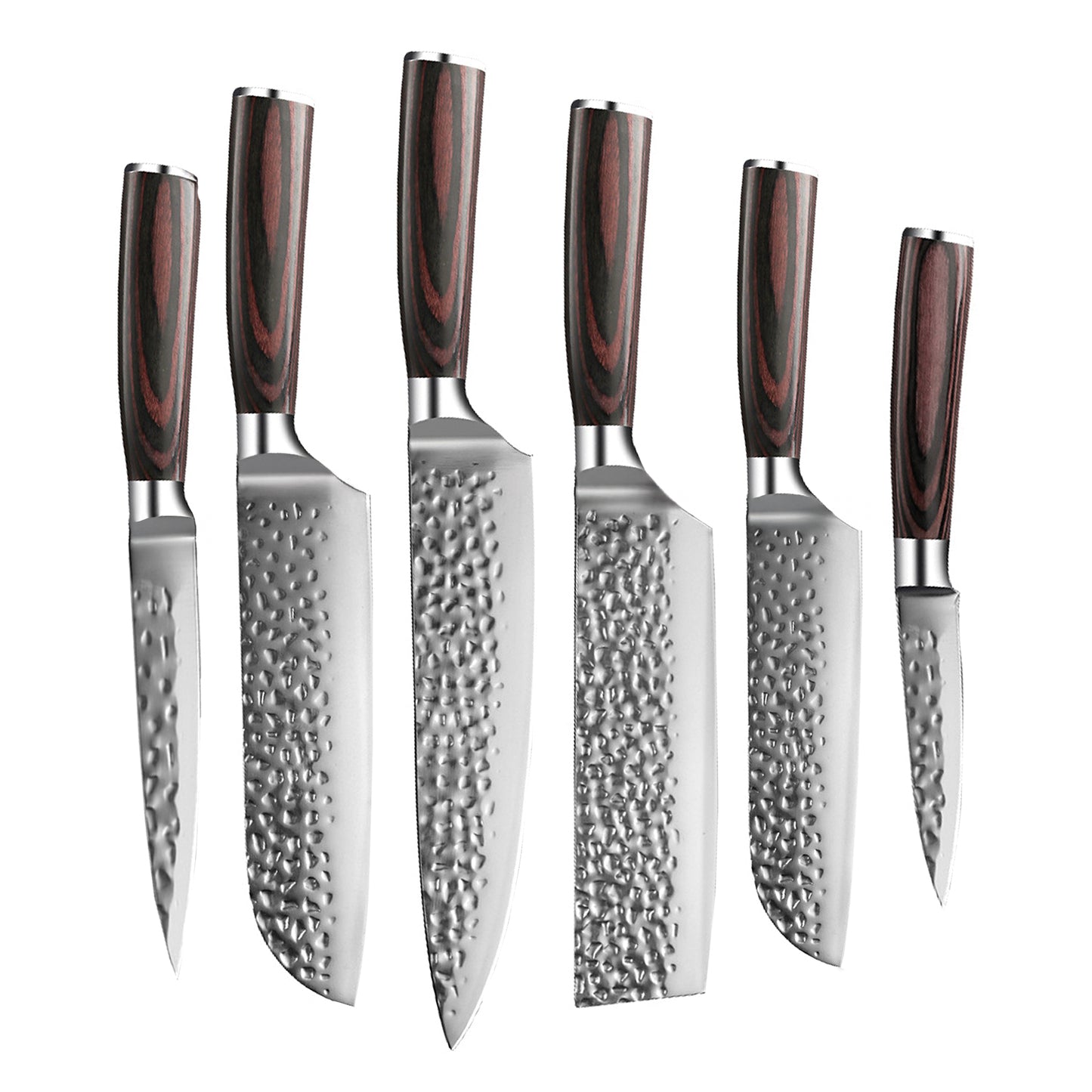 Shinrai Knives - 6-teiliges Messerset aus gehämmertem Edelstahl + Messerblock + Schleifstein