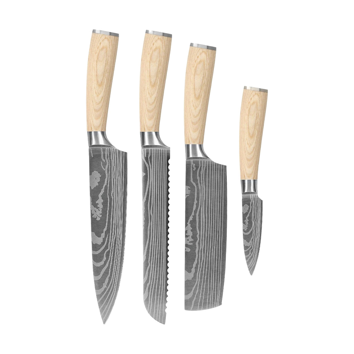Shinrai Knives - Akari Damast-Optik 4-teiliges Set - Kochmesser + Brotmesser + Nakiri + Schälmesser