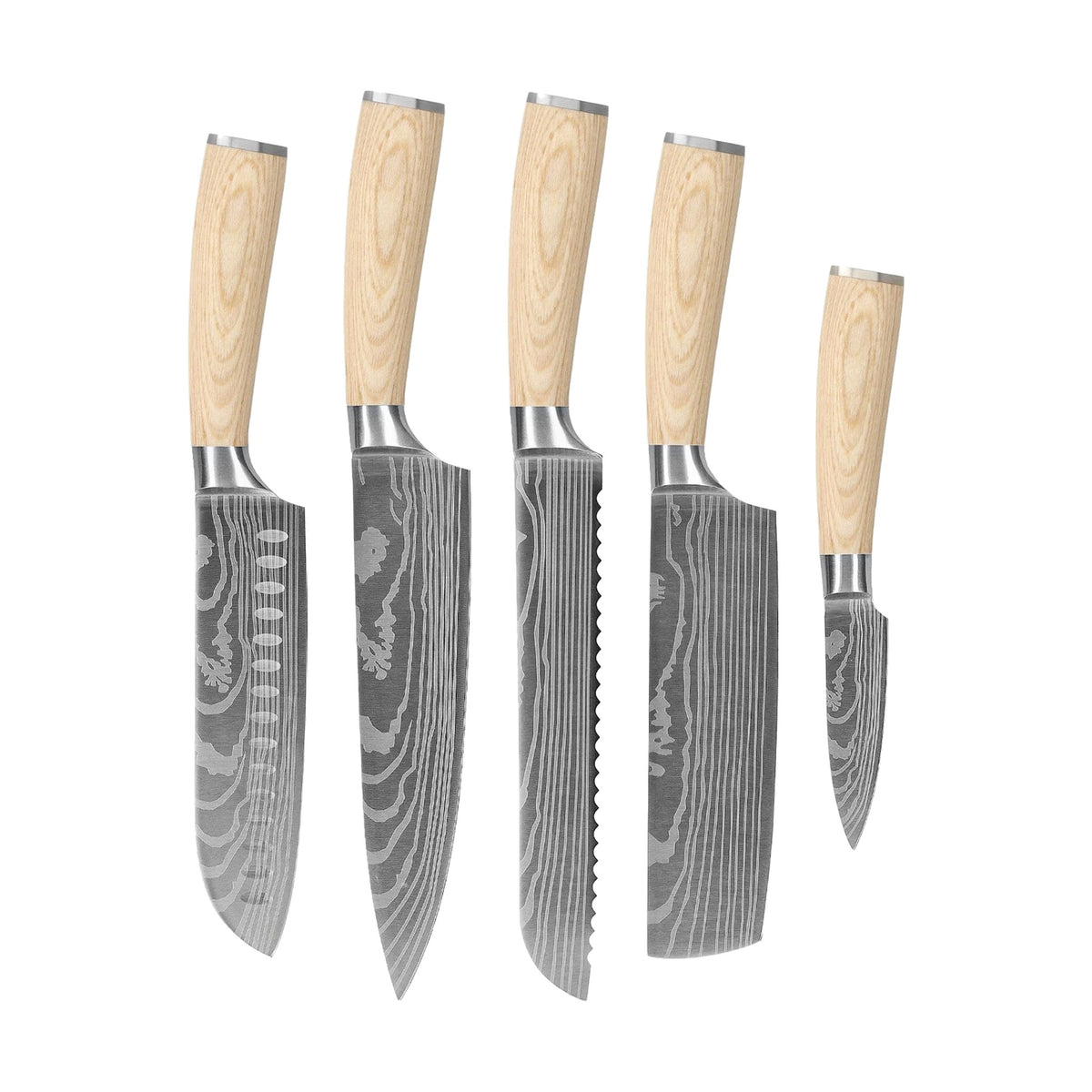 Shinrai Knives - Akari Damast-Druck 5-teiliges Set - Kochmesser + Brotmesser + Nakiri + Santoku + Schälmesser