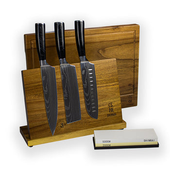 Ensemble de 3 couteaux Shinrai en résine époxy onyx damassée - Offre combinée XXXL avec bloc, planche à découper et pierre à aiguiser 