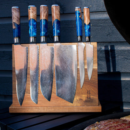 Epoxy Sapphire 6-delige Damascus Messenset + Magnetisch Messenblok Messenset met blok Shinrai Knives 