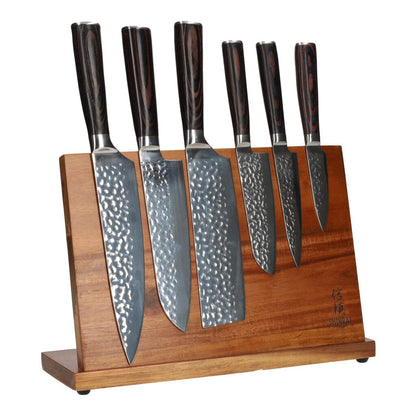 Hammered RVS 6-delige Messenset + Acacia houder enkelzijdig Messenset met blok Shinrai Knives 
