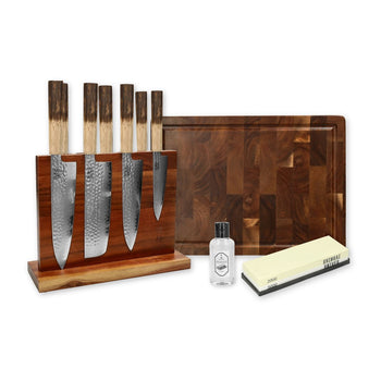 Shinrai Knives - Jōnetsu Damascus All You Need - 8-delige messenset + Messenblok + Slijpsteen + Snijplank + Olie