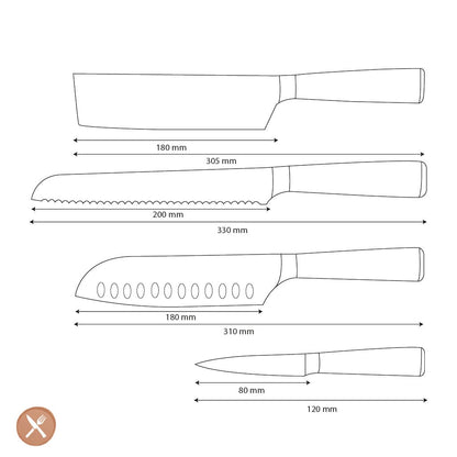 Shinrai Knives - Damascus Print 4-delige Messenset - Santoku + Broodmes + Nakiri + Schilmes Messenset Shinrai Knives 