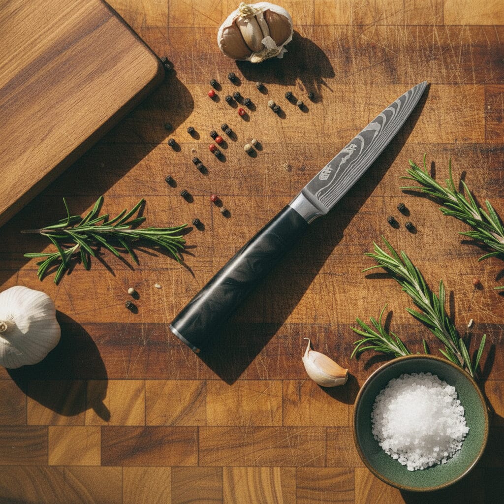 Shinrai Knives - Damascus Print Epoxy Onyx 3-delige Messenset - Koksmes + Santoku + Schilmes Messenset Shinrai Knives 