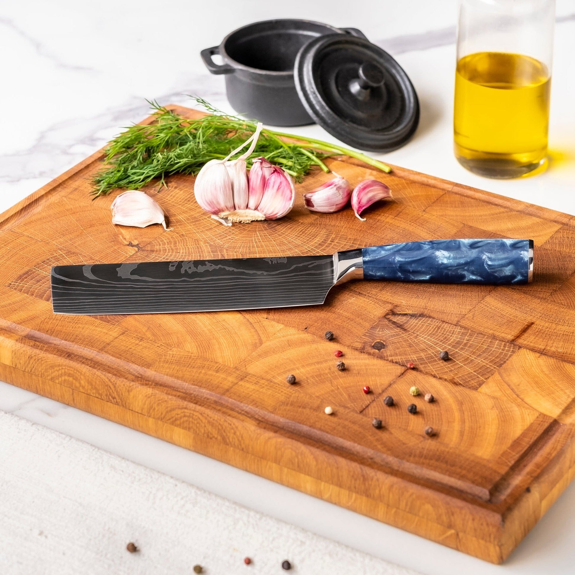 Shinrai Knives - Damascus Print Epoxy Sapphire 3-delige Messenset - Koksmes + Nakiri + Schilmes Messenset Shinrai Knives 