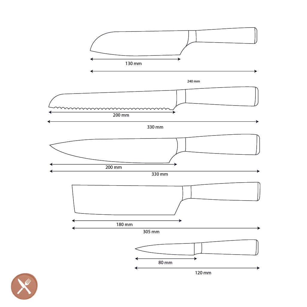 Shinrai Knives - Damascus Print Epoxy Sapphire 5-delige Messenset - Koksmes + Broodmes + Nakiri + Kleine Santoku + Schilmes Messenset Shinrai Knives 