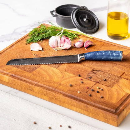 Shinrai Knives - Damascus Print Epoxy Sapphire 5-delige Messenset - Koksmes + Broodmes + Nakiri + Santoku + Schilmes Messenset Shinrai Knives 
