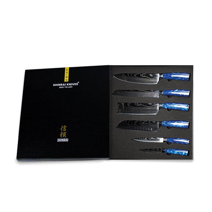 Shinrai Knives - Epoxy Sapphire Damascus Print 6-delige Messenset + Magnetisch Messenblok Scalae - Acacia hout Messenset met blok Shinrai Knives 