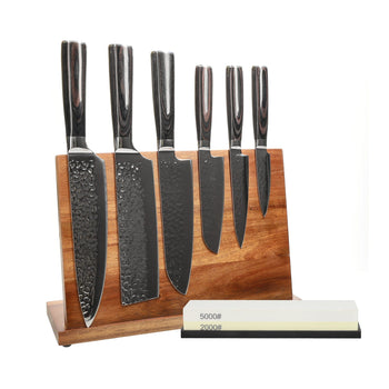 Couteaux Shinrai - Coffret de 6 couteaux en acier inoxydable martelé + bloc à couteaux + pierre à aiguiser
