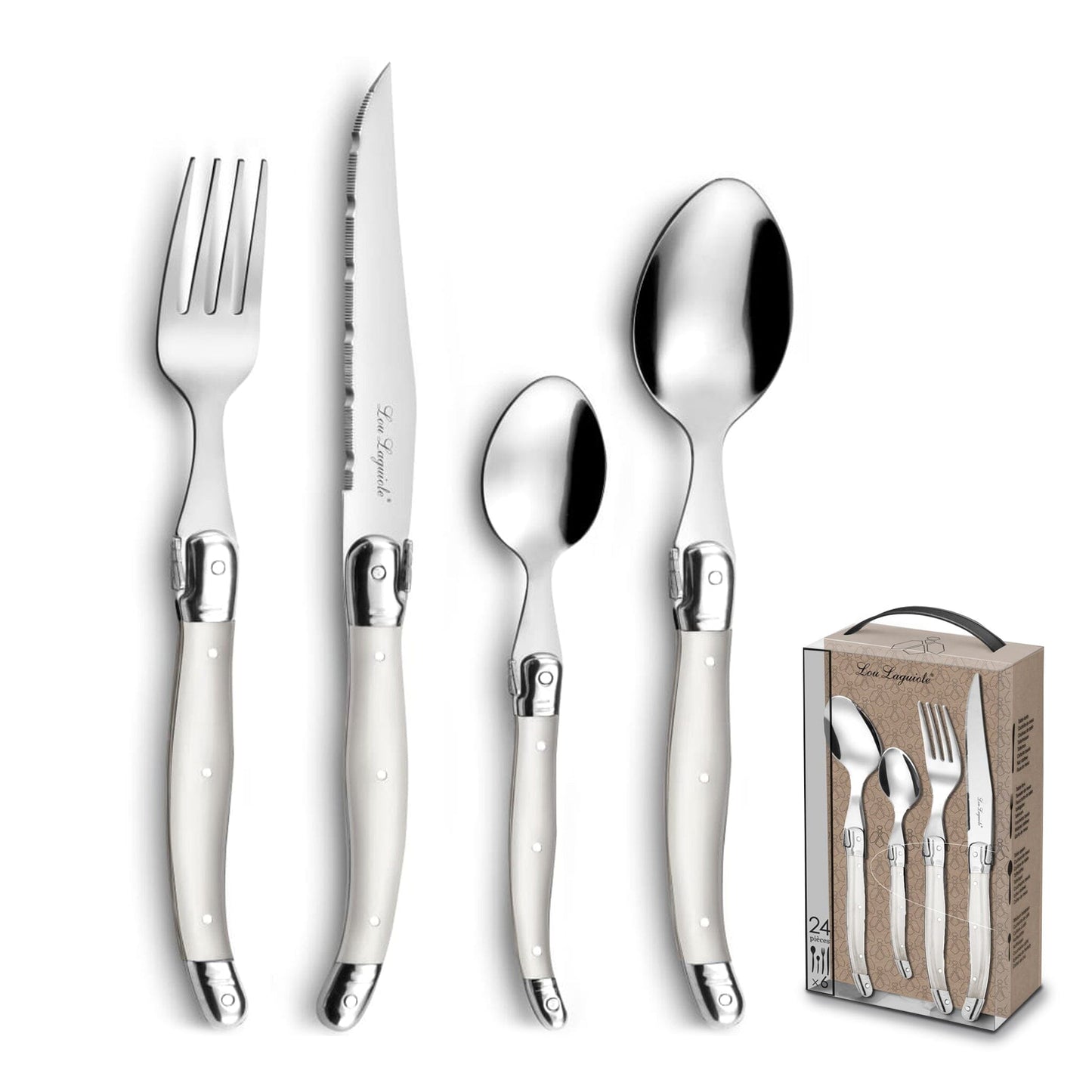 Lou Laguiole - 24-pc cutlery set in open window box - pearl Bestekset Lou Laguiole 